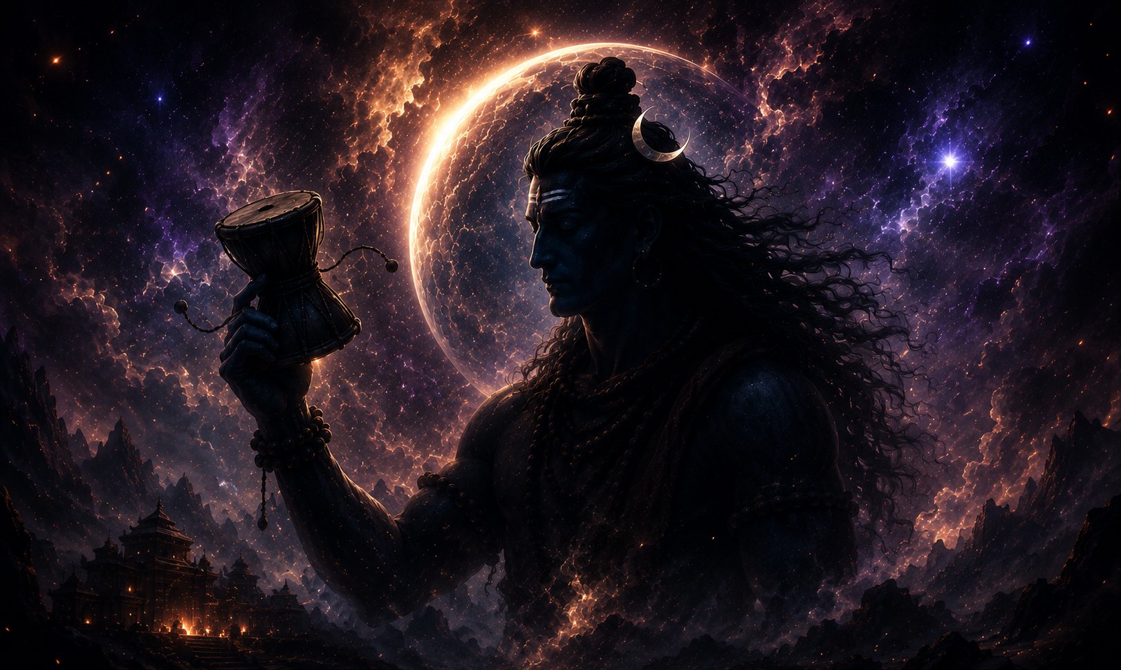 Cosmic illustration of Shiva holding a damru drum against a celestial eclipse