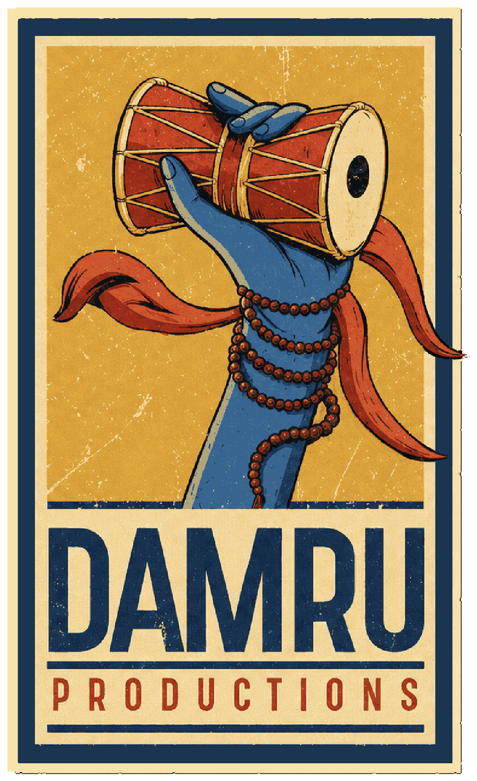 Damru Productions — vintage poster of a hand holding a damru drum